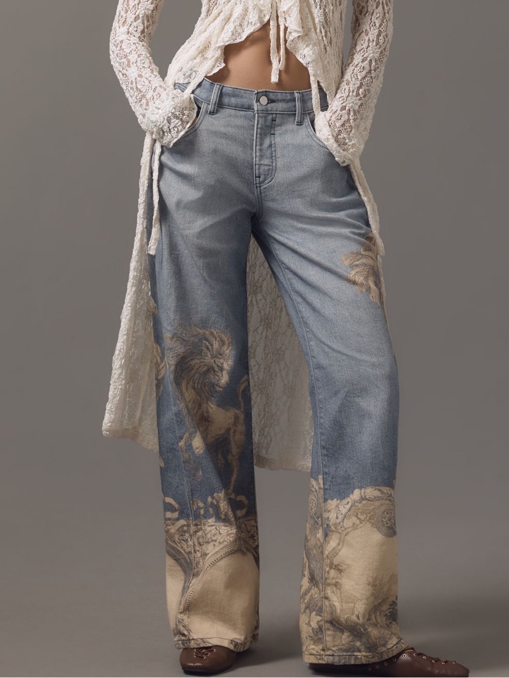 Anthropologie Low Rise Wide Leg Jeans Pilcro New 27 Zbo Roman Lion Unicorn Art - Picture 15 of 15